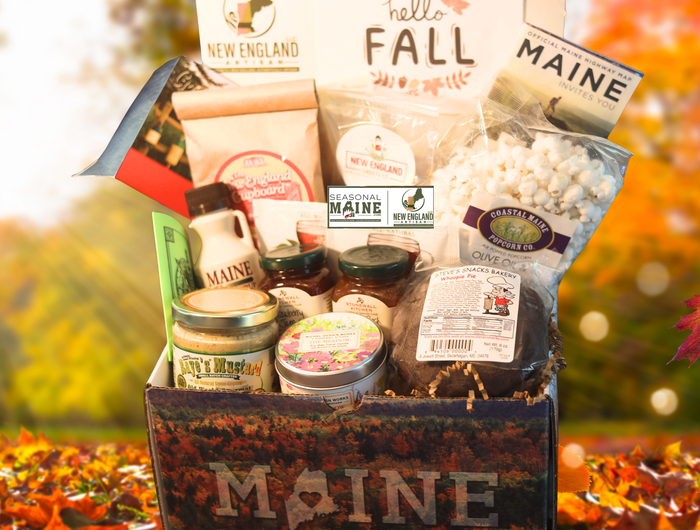<h2><strong>Current Gift Box: </strong></h2><h2><strong>Maine FALL</strong></h2><h3></h3><h4><strong>Beautiful, Full Color Gift Boxes Loaded with Hand Curated, Maine Made, Artisan Foods & Goods Shipped Worldwide.</strong></h4>