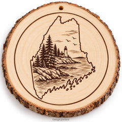 Maine lighthouse engraved pine wood coaster and ornament