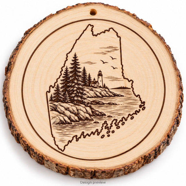 Maine lighthouse engraved pine wood coaster and ornament