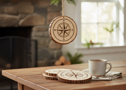 Compass Rose engraved wood coaster and ornament lifestyle view