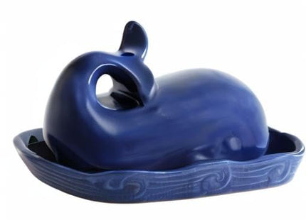 Creative Co-Op Stoneware Whale Butter Dish with Embossed Wave Detail, Navy Finish