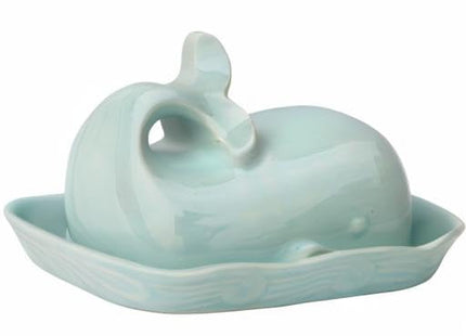 Creative Co-Op Stoneware Whale Butter Dish with Embossed Wave Detail, Aqua Finish