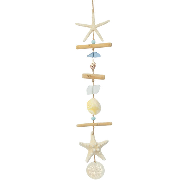 Coastal Wall Decor – Beach Wall Art Handcrafted with Driftwood,Starfish,Conch,Seaglass & Seashells, Ocean Nautical Wall Hanging for Beach Bedroom, Bathroom, Living Room & Dorm Coastal Decor( White Naturally Starfish Ocean is My Happy)