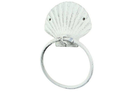 Rustic Whitewashed Cast Iron Seashell Towel Holder 8.5" - Seashell Home Decor -