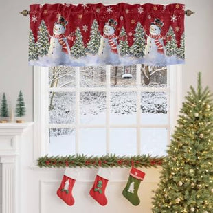 Christmas Red Snowman Curtain Valance for Windows/Living Room/Kitchen/Bathroom/Farmhouse, Snow Mountain Winter Snowflake Xmas Curtain Short Rod Pocket Curtain Window Treatment Pine Tree Panel 54x18