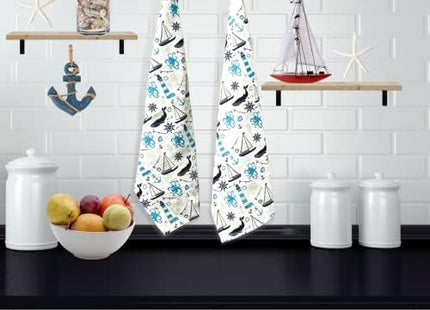 Nautical Coastal Cotton Kitchen Dish Towel Set, 2 Lighthouse 1 Anchor Drops