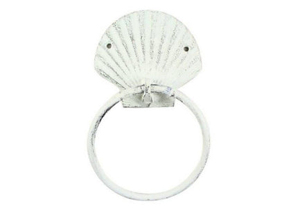 Rustic Whitewashed Cast Iron Seashell Towel Holder 8.5" - Seashell Home Decor -