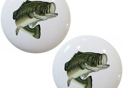 Set of 2 Largemouth Bass Fish Ceramic Cabinet Drawer Pull Knobs