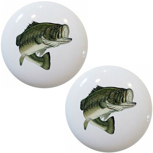 Set of 2 Largemouth Bass Fish Ceramic Cabinet Drawer Pull Knobs