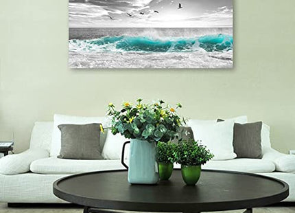 yearainn Large Ocean Canvas Wall Art for Living Room Wall Decor Teal Sea Wave Canvas Prints Artwork Seagull Birds Canvas Pictures for Bedroom Home Office Wall Decorations Ready to Hang 20" X 40"