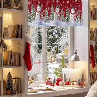 Christmas Red Snowman Curtain Valance for Windows/Living Room/Kitchen/Bathroom/Farmhouse, Snow Mountain Winter Snowflake Xmas Curtain Short Rod Pocket Curtain Window Treatment Pine Tree Panel 54x18