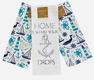 Nautical Coastal Cotton Kitchen Dish Towel Set, 2 Lighthouse 1 Anchor Drops