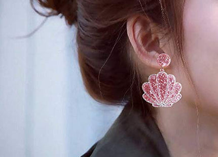 Enamel Sea Shell Earrings - Lovely Creative Nautical Stud Dangle Earrings with Sparkling Sequins - For Women (Blue)