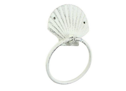 Rustic Whitewashed Cast Iron Seashell Towel Holder 8.5" - Seashell Home Decor -