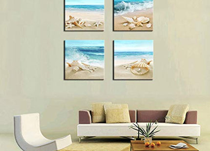 Canvas Wall Art Ocean Decor Beach Seashell Starfish Nature Picture Blue Canvas Artwork Turquoise Contemporary Wall Art for Bathroom Bedroom Living Room Office Kitchen Wall Decor 16" x 16" x 4 Pieces