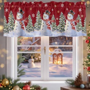 Christmas Red Snowman Curtain Valance for Windows/Living Room/Kitchen/Bathroom/Farmhouse, Snow Mountain Winter Snowflake Xmas Curtain Short Rod Pocket Curtain Window Treatment Pine Tree Panel 54x18