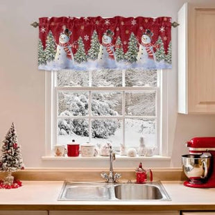 Christmas Red Snowman Curtain Valance for Windows/Living Room/Kitchen/Bathroom/Farmhouse, Snow Mountain Winter Snowflake Xmas Curtain Short Rod Pocket Curtain Window Treatment Pine Tree Panel 54x18