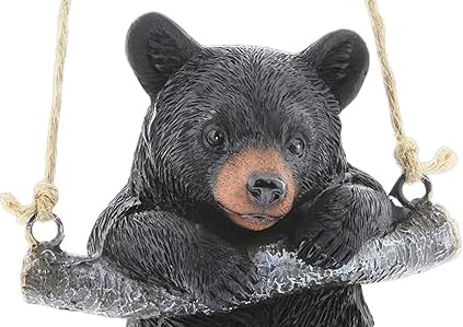 Playful Resin Black Bear on a Rope Hanging Figurine (Swinging)