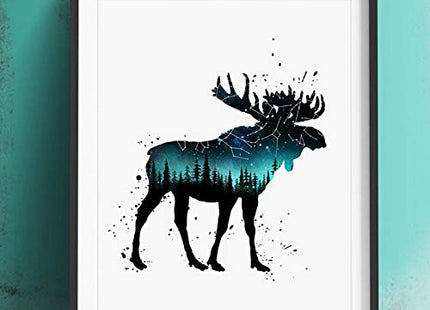 Moose Art Print, Watercolor Forest, Double Exposure Moose, Wild Life Wall Art, Creative Artwork, Gift Idea, Moose, Teal and Navy Color, 8x10 inch No Frame
