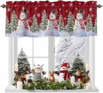 Christmas Red Snowman Curtain Valance for Windows/Living Room/Kitchen/Bathroom/Farmhouse, Snow Mountain Winter Snowflake Xmas Curtain Short Rod Pocket Curtain Window Treatment Pine Tree Panel 54x18