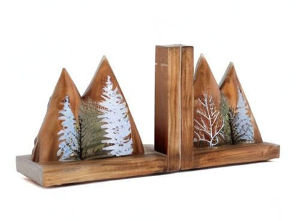 NIKKY HOME Heavy Duty Non Slip Rustic Woodland Mountain Wood Bookend Forest Book Ends Book Stoppers for Cabin Decor Home and Office Shelves Children