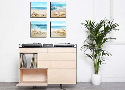 Canvas Wall Art Ocean Decor Beach Seashell Starfish Nature Picture Blue Canvas Artwork Turquoise Contemporary Wall Art for Bathroom Bedroom Living Room Office Kitchen Wall Decor 16" x 16" x 4 Pieces