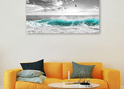 yearainn Large Ocean Canvas Wall Art for Living Room Wall Decor Teal Sea Wave Canvas Prints Artwork Seagull Birds Canvas Pictures for Bedroom Home Office Wall Decorations Ready to Hang 20" X 40"