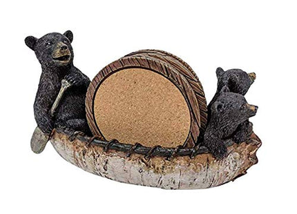 Black Bear Canoe Coaster Set with Holder - Pine Ridge 3 Rustic Black Bear Cabin Decor Absorbent Coaster Drink - Set of 5 Drink Coaster Set