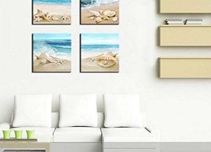 Canvas Wall Art Ocean Decor Beach Seashell Starfish Nature Picture Blue Canvas Artwork Turquoise Contemporary Wall Art for Bathroom Bedroom Living Room Office Kitchen Wall Decor 16" x 16" x 4 Pieces