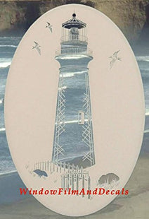 Lighthouse Oval Etched Window Decal Vinyl Glass Cling - 8" x 12" - White with Clear Design Elements