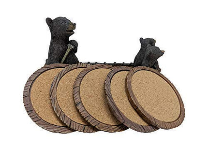 Black Bear Canoe Coaster Set with Holder - Pine Ridge 3 Rustic Black Bear Cabin Decor Absorbent Coaster Drink - Set of 5 Drink Coaster Set