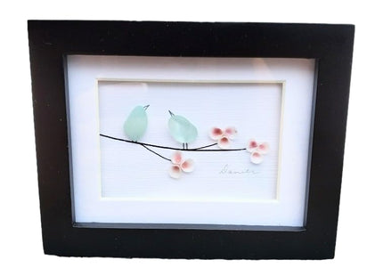 Mini Seaglass Birds on a branch with tiny pink shell flowers. Authentic Seaglass, Made in Maine, Small frame with glass. 3 1/2 by 4 inch framed art Sea Glass with pink shells