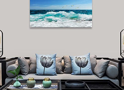 tigeridge Sea Beach Canvas Wall Art for Living Room Wall Decor Ocean Waves Canvas Pictures Blue Surfing Water Seagull Canvas Prints Artwork Office Home Wall Decorations Framed Ready to Hang 24" x 48"