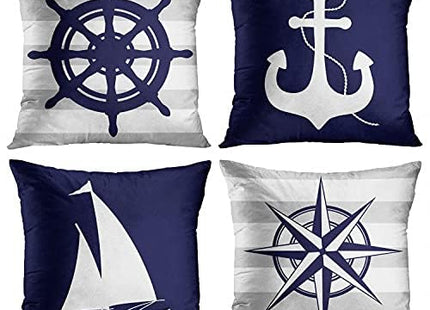 Emvency Set of 4 Throw Pillow Covers Summer Costal Navy Blue White and Gray Stripe Helm Anchor Boat Star Decorative Pillow Cases Home Decor Standard Square 18x18 Inches Pillowcases
