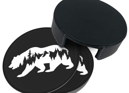 Niukom 6 Pcs Hiking Bear Mountains Camper Leather Coasters for Drinks with Holder Coaster Sets Drink Table Cup Coasters for Living Room Kitchen Coffee Decor