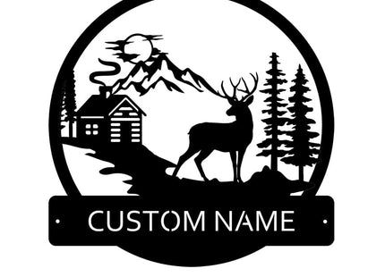 Deer and Cabin Custom Name Sign Metal Wall Art Personalized Last Name Plaque Outdoor Metal Wall Art Personalized Gift for Wedding/Housewarming