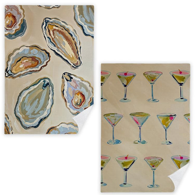 Coastal Oyster Shell and Martini Kitchen Towels Set of 2, Seafood Cocktail Hand Towels for Kitchen Bar Seaside Restaurant, Beach Lover Gifts Dish Tea Towels,Oyster Decor 16x24 Inch
