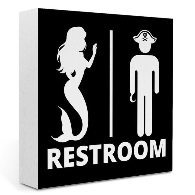 Nautical Bathroom Decor Pirate Mermaid Bathroom Decor Restroom Sign Summer Decorations Wooden Box Sign for Home Office Farmhouse Table Shelf