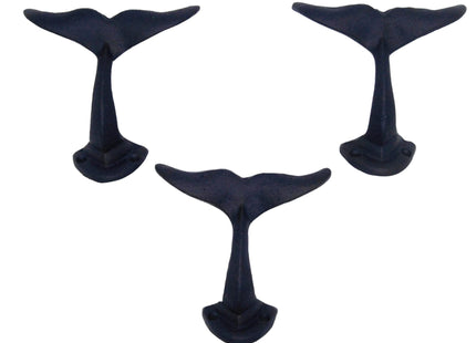Wowser Navy Blue Whale Tail Cast Iron Wall Hooks, Wall Mounted for Hanging Clothes & Accessories, Nautical Home & Office Decor, Set of 3, 4.75 Inches High