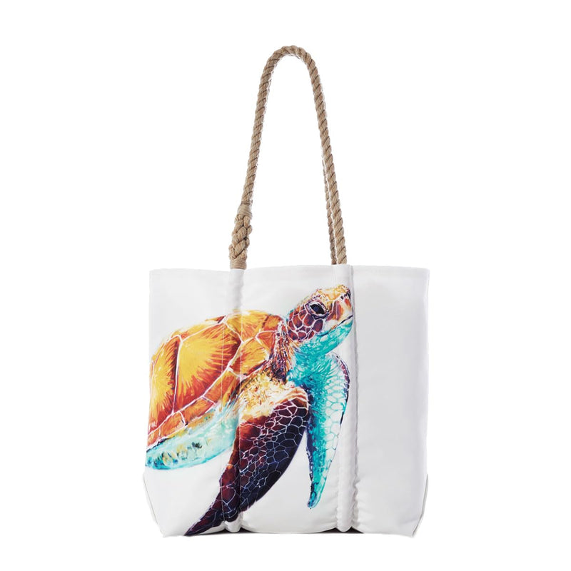 Sea Bags Recycled Sail Cloth Multicolor Sea Turtle Medium Tote Travel Tote Bag, Carry On Bag, Tote Bag for Work Rope Handles