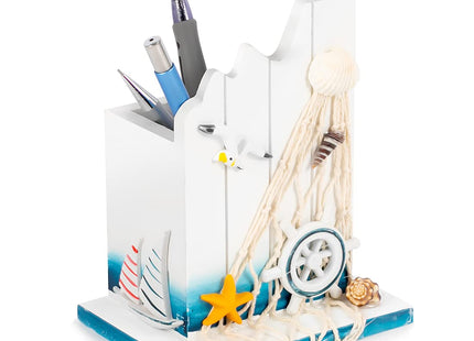 Nautical Wood Pen Holder, Mediterranean Desk Organizer for Office 1 Pack