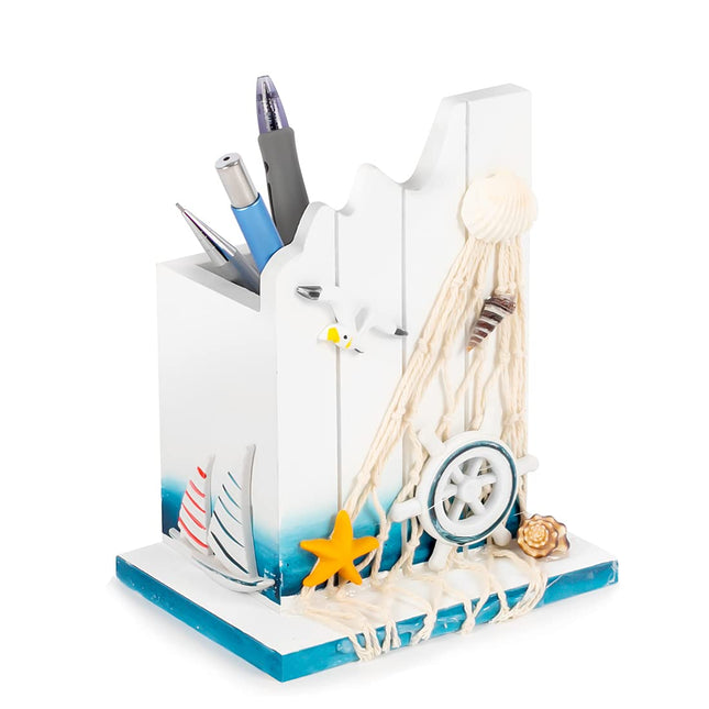 Nautical Wood Pen Holder, Mediterranean Desk Organizer for Office 1 Pack