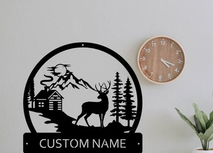 Deer and Cabin Custom Name Sign Metal Wall Art Personalized Last Name Plaque Outdoor Metal Wall Art Personalized Gift for Wedding/Housewarming