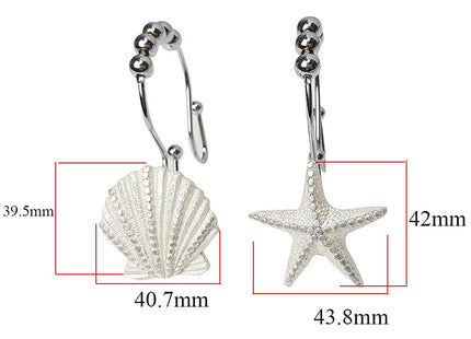 Starfish & Seashell Stainless Steel Rust Resistant Double Hooks Glide Shower Curtain Ring Hangs Holder for Bathroom Home Decor