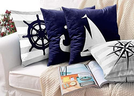 Emvency Set of 4 Throw Pillow Covers Summer Costal Navy Blue White and Gray Stripe Helm Anchor Boat Star Decorative Pillow Cases Home Decor Standard Square 18x18 Inches Pillowcases
