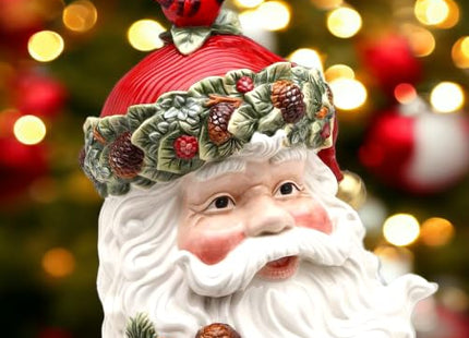 Cosmos Gifts Fine Ceramic Hand Painted Christmas Santa with Red Cardinal and Pinecone Cookie Jar, 10 3/4" H