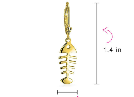 Nautical Fishbone Dangle Earrings Gold Plated 925 Sterling Silver Leverback