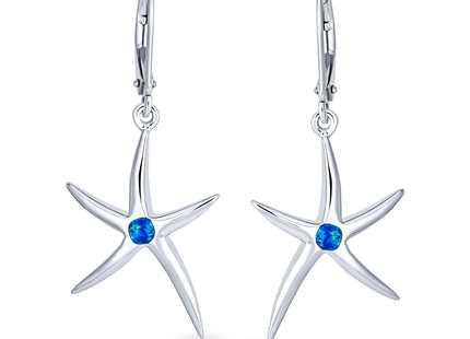 Nautical Starfish Dangle Earrings Sterling Silver Lever Back Opal Accent