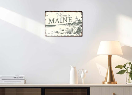 Welcome Maine Coastal Vintage Aluminum Metal Sign 12x8 Inch