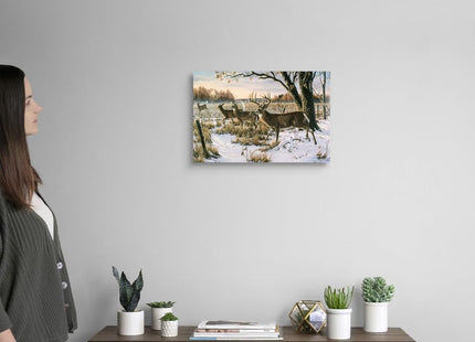 CANVAS ON DEMAND Cautious Crossing - Whitetails Canvas Wall Art Print Contemporary, Home Decor, Deer, Natural Artwork, 18" x12in